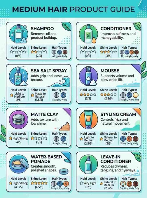 Infographic featuring recommended products for medium-length hairstyles, including sea salt spray, matte clay, mousse, and leave-in conditioner.