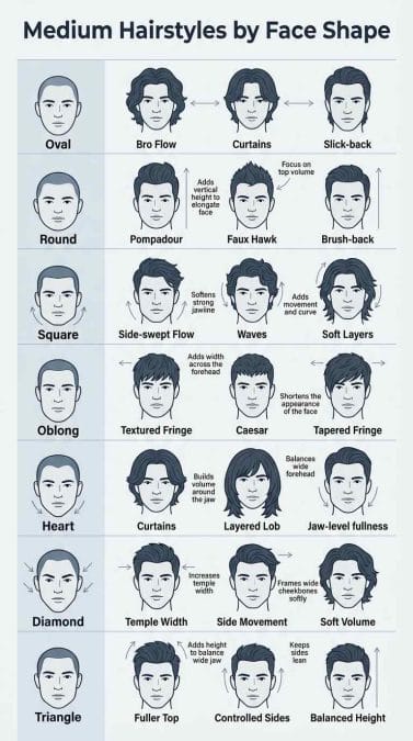 Illustration showing the best medium hairstyles for men based on different face shapes.
