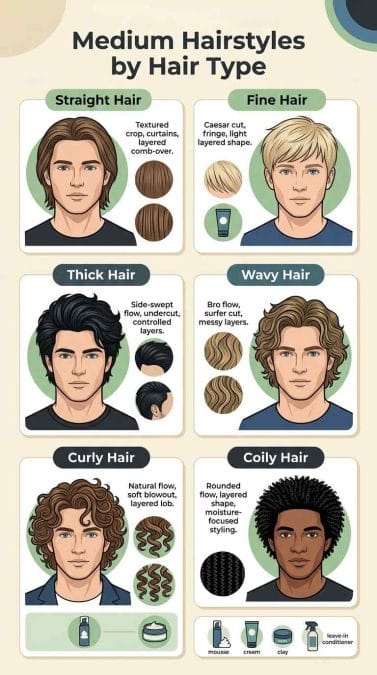 Infographic showing medium hairstyles for straight, fine, thick, wavy, curly, and coily hair types.