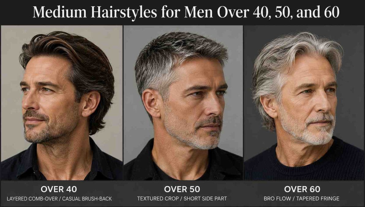 Comparison image showing medium hairstyles for men over 40, 50, and 60 with age-appropriate cuts and natural hair texture.