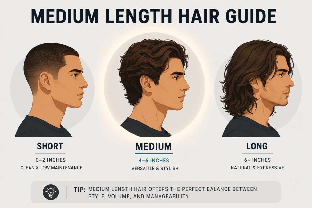 Infographic comparing short, medium, and long hair lengths for men.