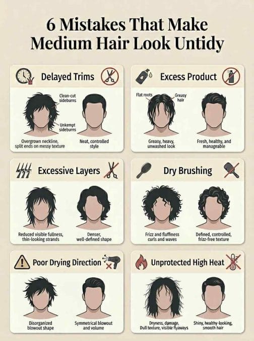 Infographic showing six common mistakes that can make medium-length hairstyles look untidy.
