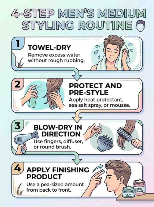 Infographic showing a four-step styling routine for medium-length hairstyles, from towel drying to applying finishing products.