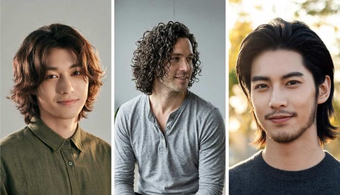 Three men showing different medium-length hairstyles for straight, curly, and sleek hair textures.
