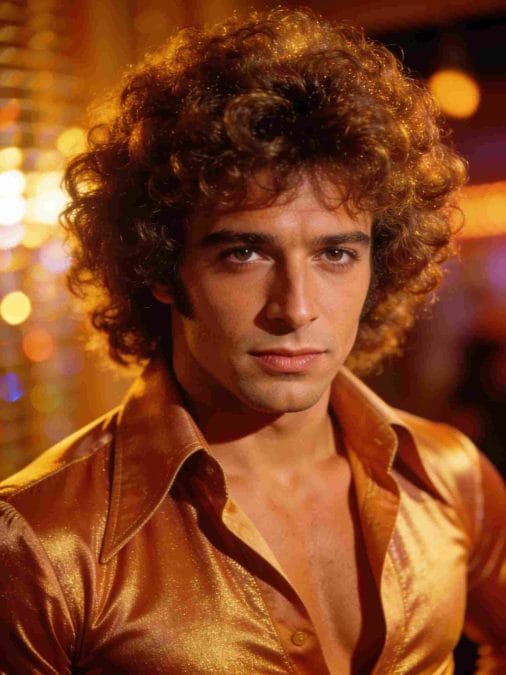 Man with voluminous disco curls wearing a gold satin shirt under warm party lights.