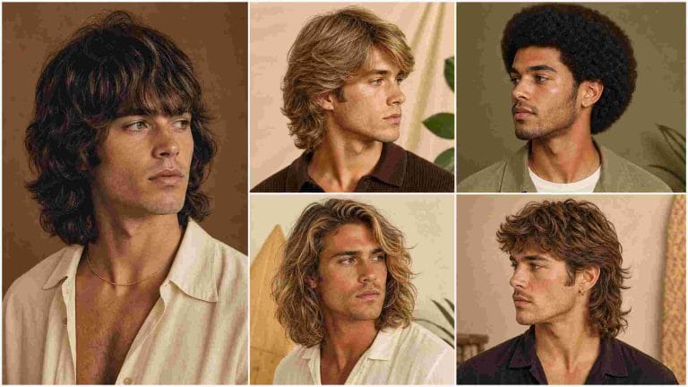 Collage of men wearing shag, feathered, Afro, surfer, and curly 70s-inspired hairstyles.