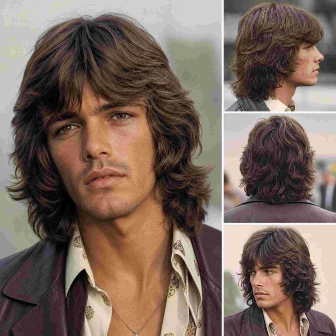 Multi-angle hairstyle reference showing a layered 70s shag with tousled texture and long fringe.