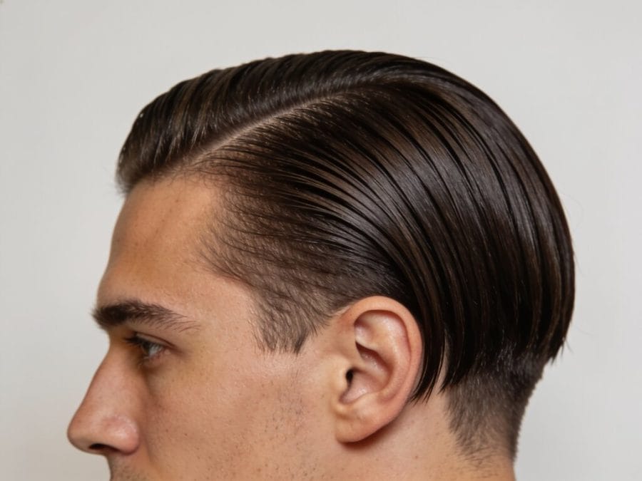 Straight hair styled into a sleek comb over with a defined side part and polished finish.