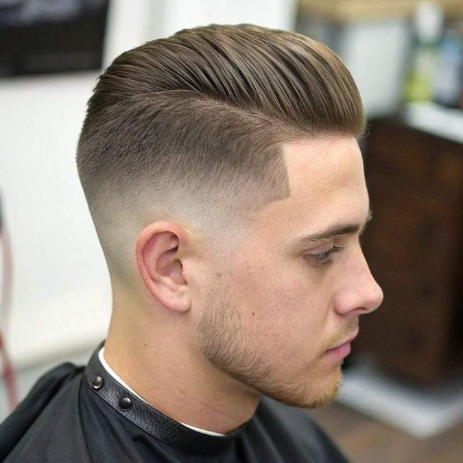 Drop fade for straight hair with a fade that curves downward behind the ears.