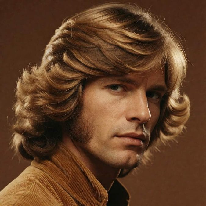 Man with voluminous feathered hair, swept-back layers, and prominent sideburns.