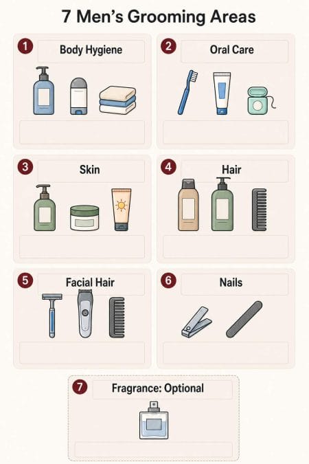Seven grooming categories covering body hygiene, oral care, skin, hair, facial hair, nails, and optional fragrance.