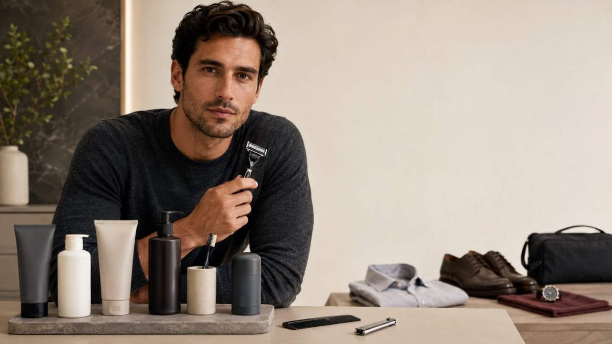 Adult man beside organized haircare, skincare, shaving, oral-care, nail-care, and grooming items.