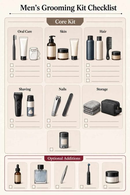 Men’s grooming kit divided into core hygiene tools and optional additions.