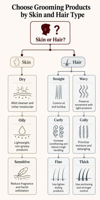 Decision tree matching skin and hair characteristics with suitable grooming adjustments.