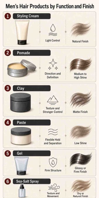 Six men’s styling products compared by control, texture, shine, and finish.