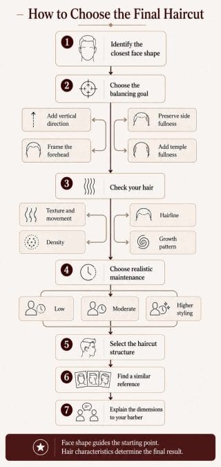 Decision process from identifying face shape through hair characteristics, maintenance, haircut selection, and barber instructions