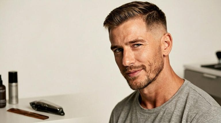 Mature man with a short side-swept haircut and tapered sides designed to reduce visible thinning featuring Men’s Haircuts for Thinning Hair.