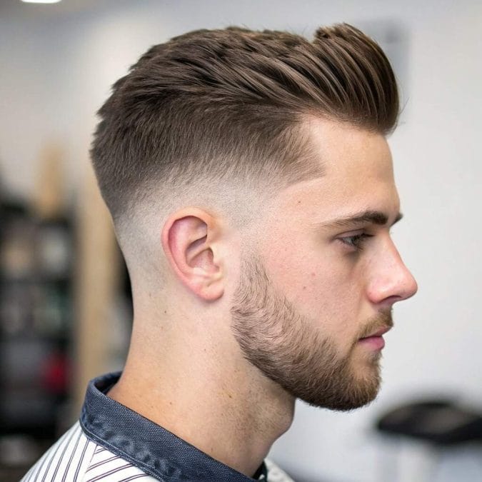 Low taper fade with a voluminous brushed-up top that adds structure to straight hair.