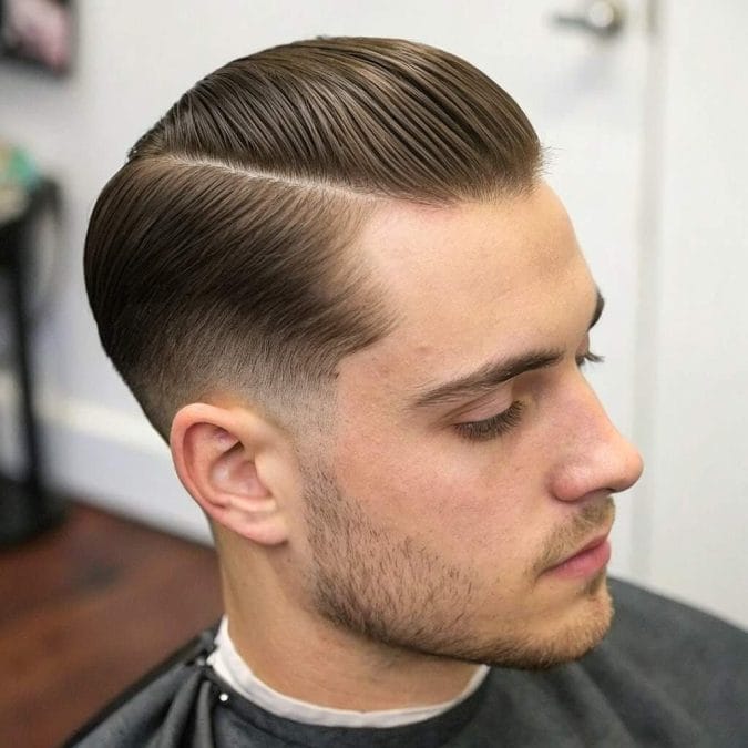 Side part haircut with straight hair and faded sides for a clean, balanced look.