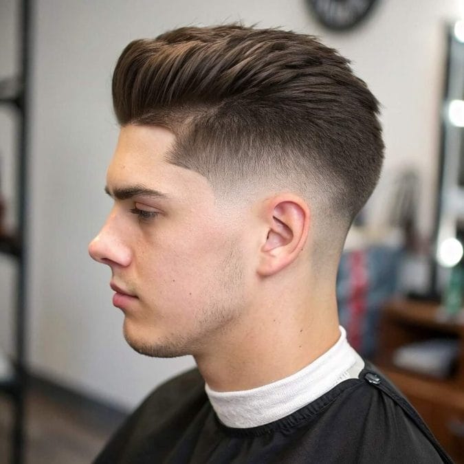 Taper fade haircut with a voluminous top and blended sides that adds structure and height to straight hair.