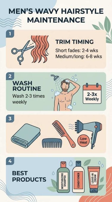 Infographic showing trim timing, wash frequency, tools, and products for maintaining men’s wavy hairstyles.