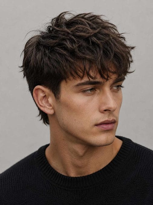 Man with a medium-length messy layered hairstyle featuring tousled texture and natural movement.