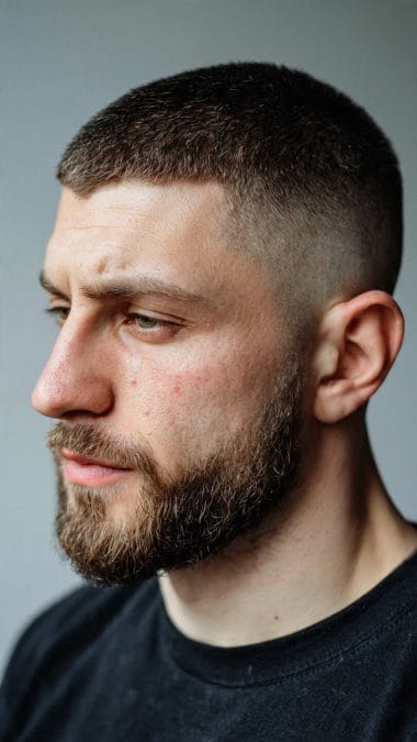 Man with a mid fade crew cut and balanced top length.
