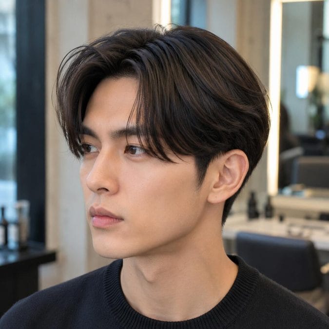 Middle part hairstyle for straight hair with balanced volume and subtle layers on both sides.