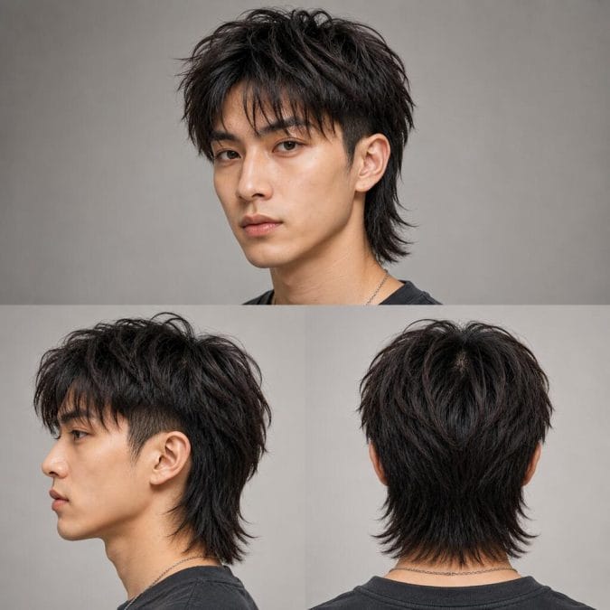 Modern mullet for straight hair with textured layers, shorter sides, and extra length at the back for natural movement.