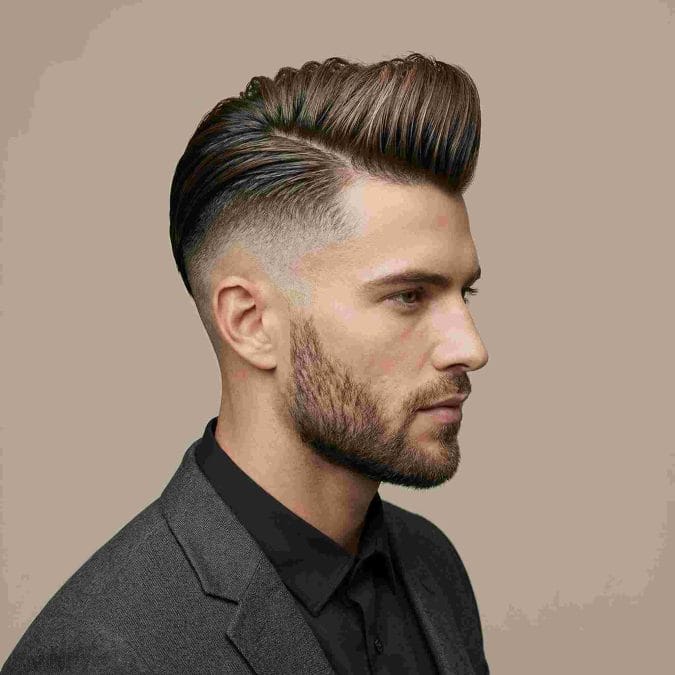 Modern pompadour hairstyle for men with high volume on top and faded sides.