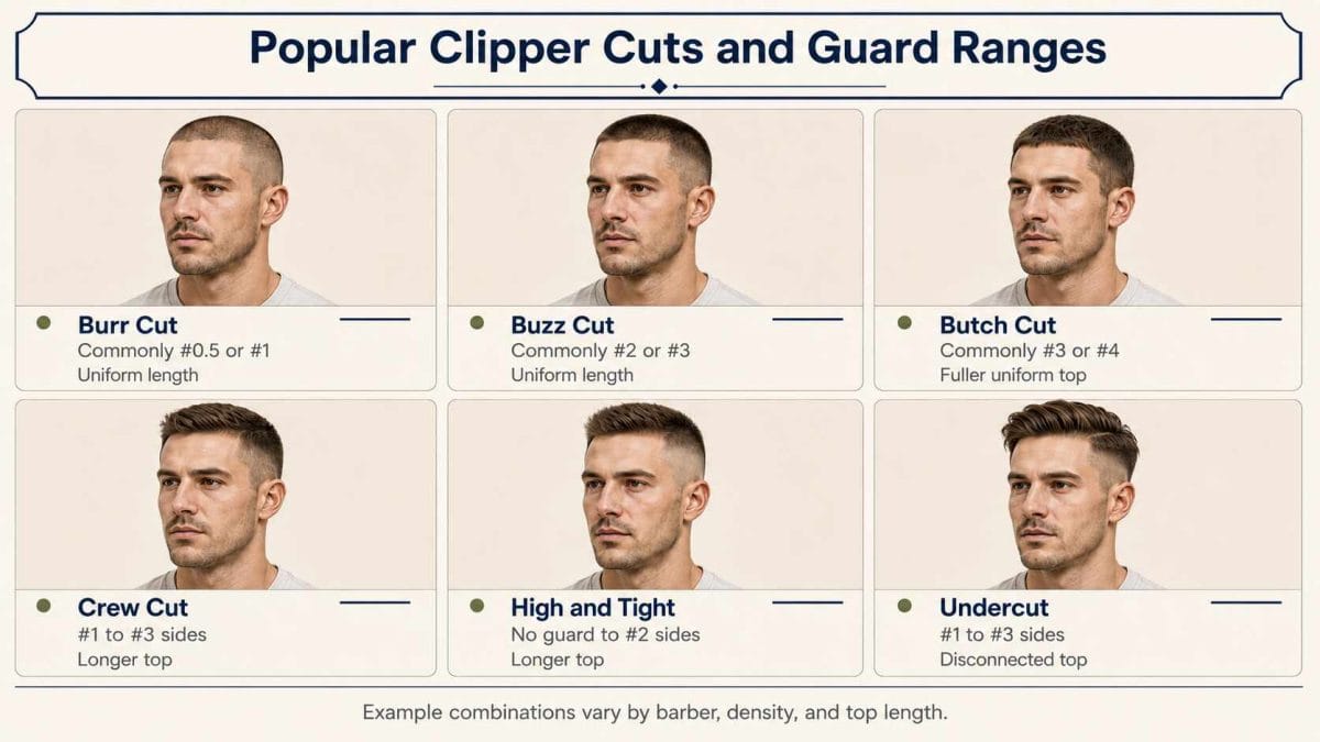 Six clipper cuts compared by uniform length, side length, and longer top structure.
