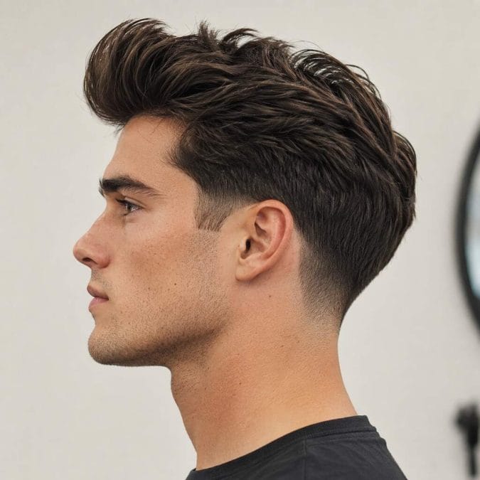 Quiff hairstyle for straight hair with lifted front volume and textured movement.