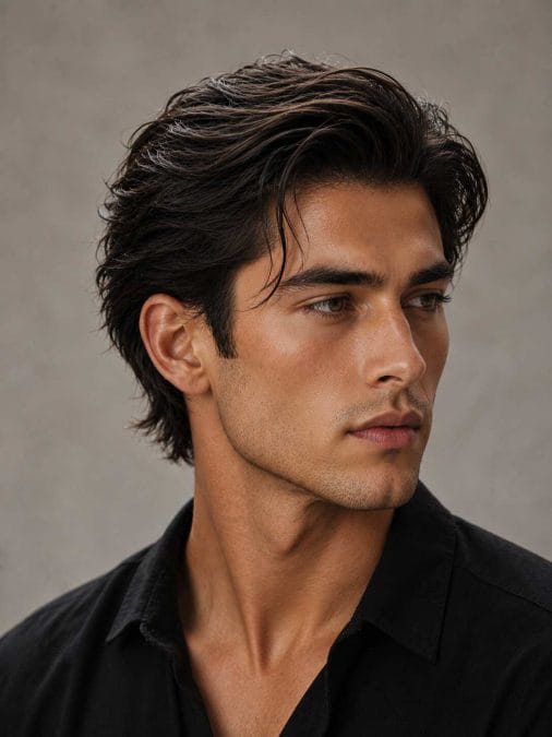 Man with a medium-length relaxed slick-back hairstyle featuring soft volume, natural texture, and subtle tapering around the sides.