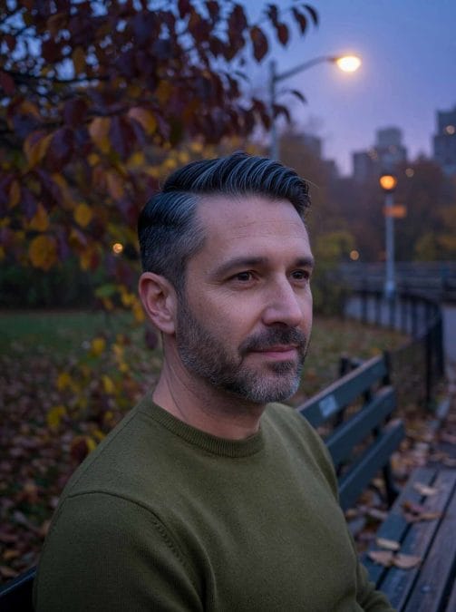 Gentleman with a salt-and-pepper side part on a park bench.