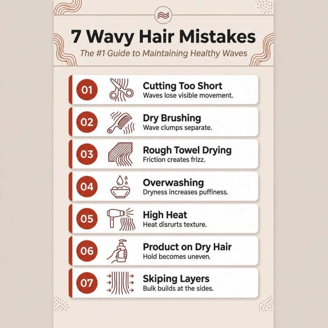 Infographic showing 7 common wavy hair mistakes that create frizz, bulk, and poor shape.