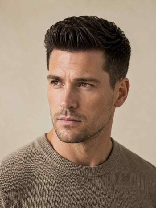 Man with fine hair wearing a compact pompadour with controlled front height.