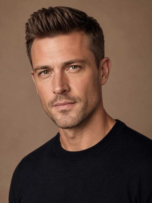Man with fine hair wearing a short quiff with controlled frontal lift.
