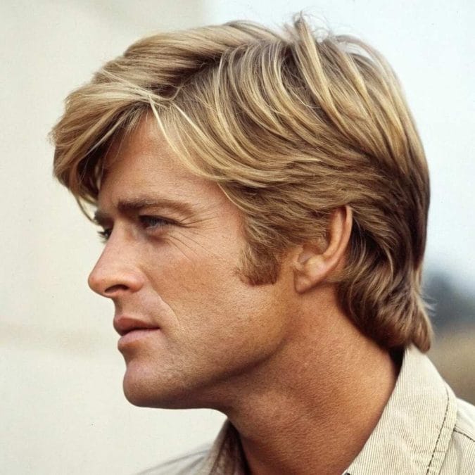 Man with a short 70s-inspired haircut featuring side-swept layers and soft feathering.