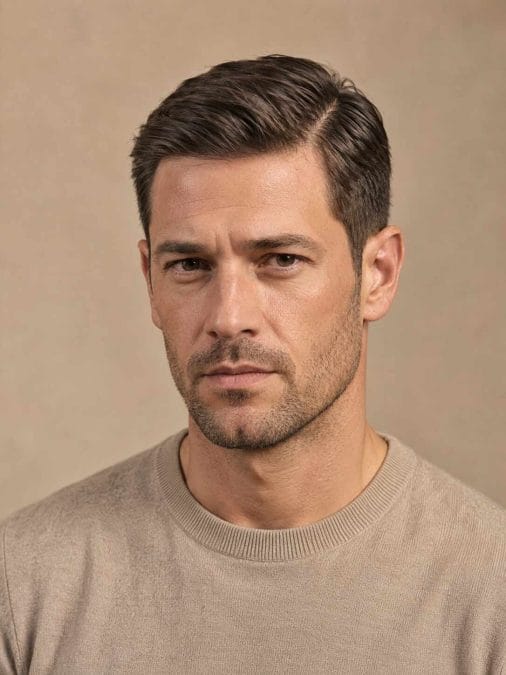 Man with fine hair wearing a short natural side part with tapered sides.
