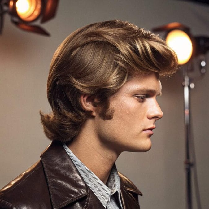 Man with side-parted 70s hair, brushed-back volume, and defined sideburns.