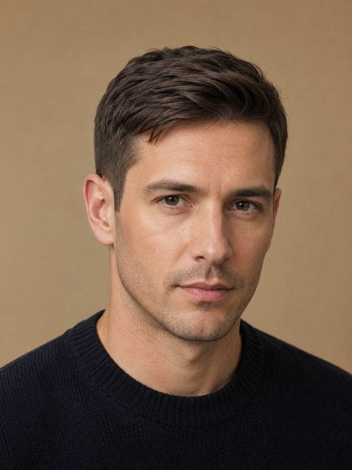 Man with fine hair wearing a short crop swept diagonally across one temple.