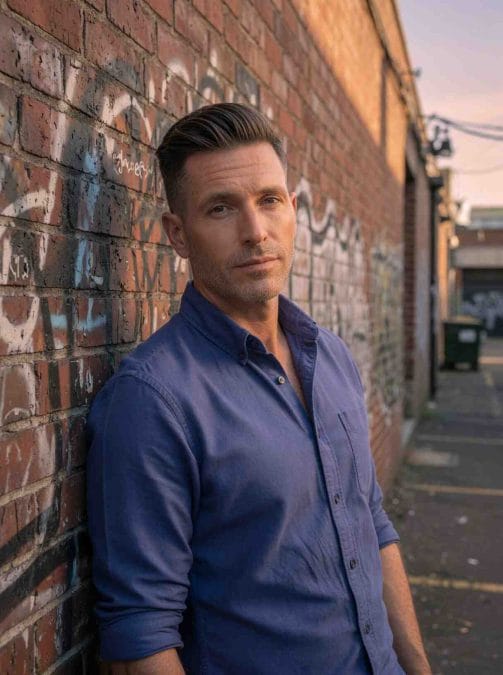 Man with a side-swept crop haircut and textured top.