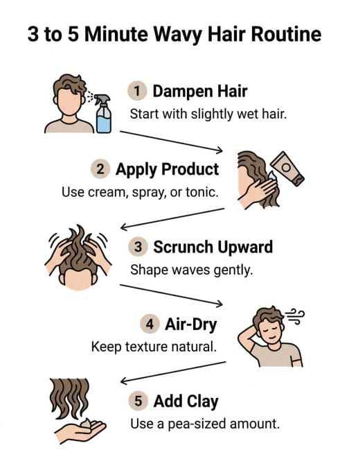 Infographic showing a simple 3 to 5 minute styling routine for men’s wavy hair.