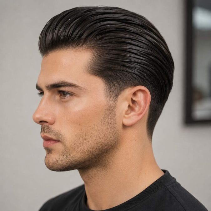 Slick back hairstyle for straight hair with smooth backward styling and a polished finish.