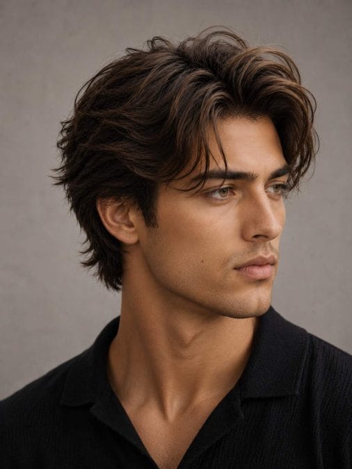 Man with a medium-length soft blowout hairstyle featuring airy volume and softly tapered sides.