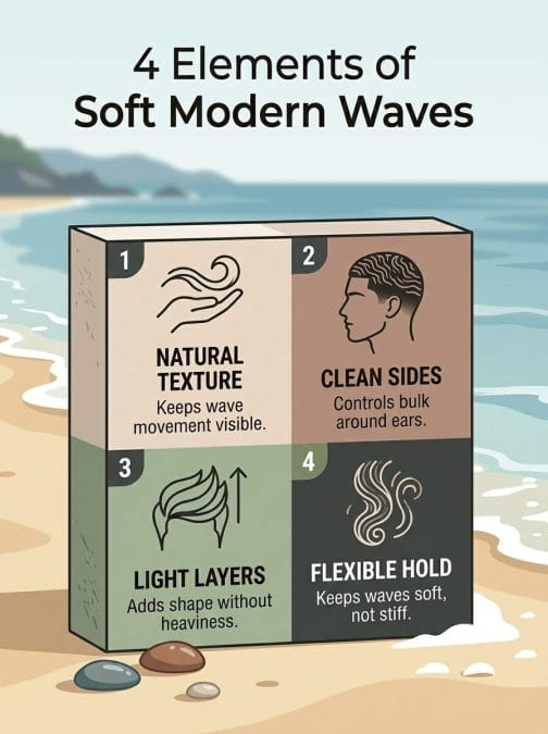 Infographic showing 4 elements of soft modern wavy hairstyles for men.