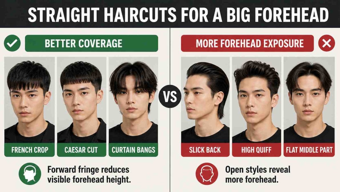 Split-screen comparison showing straight haircuts that help reduce forehead visibility versus styles that expose more of the forehead.
