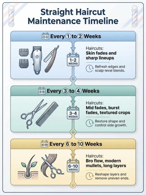 Infographic showing recommended haircut maintenance intervals for straight hair, grouped into 1–2 weeks, 3–4 weeks, and 6–10 weeks based on hairstyle type.