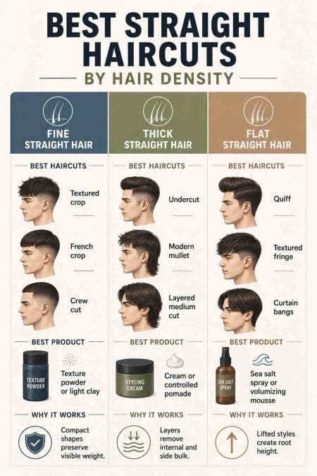 Infographic comparing the best haircuts and styling products for fine, thick, and flat straight hair.