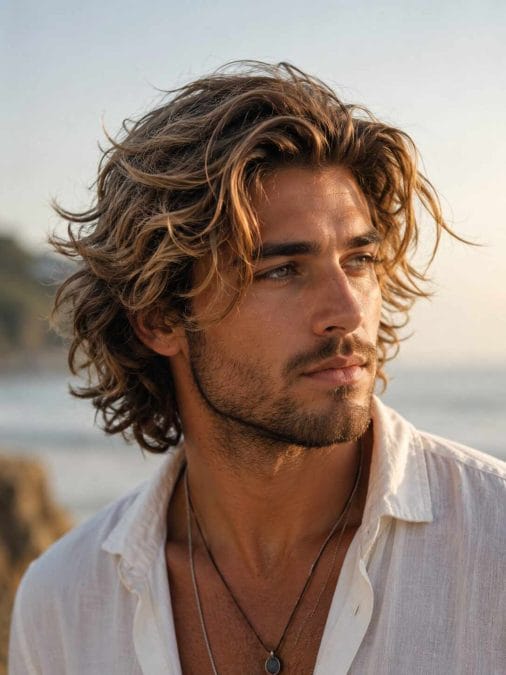 Man with a medium-length surfer hairstyle featuring loose layers and natural beach-inspired movement.